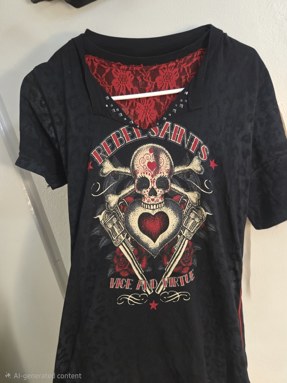 Affliction Rebel Saints Vice and Virtue T-Shirt Black Red Lace Skull Rhineston